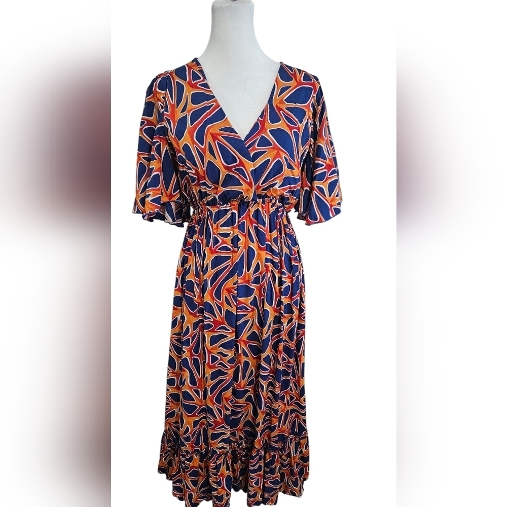 VINTAGE BAZAAR V Neck Flowy Maxi Dress In Mod Print Blue/orange. S/M NWOT
